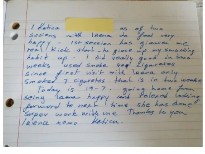 Handwritten note from a client after their second session